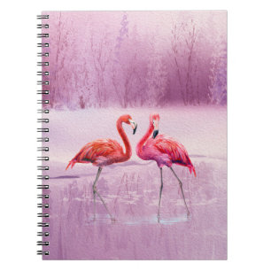 A pair of pink flamingos stand in the water on the notebook