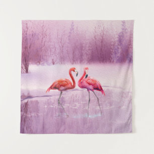 A pair of pink flamingos stand in the water on the tapestry