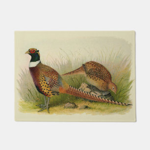 A pair of Ring necked pheasants in a grassy field Doormat