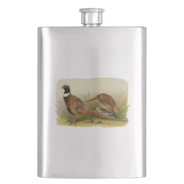 A pair of Ring necked pheasants in a grassy field Hip Flask (Front)