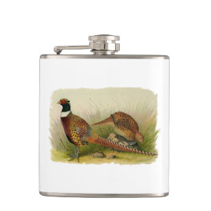 A pair of Ring necked pheasants in a grassy field Hip Flask