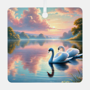 A pair of swans gliding on a serene lake metal tree decoration
