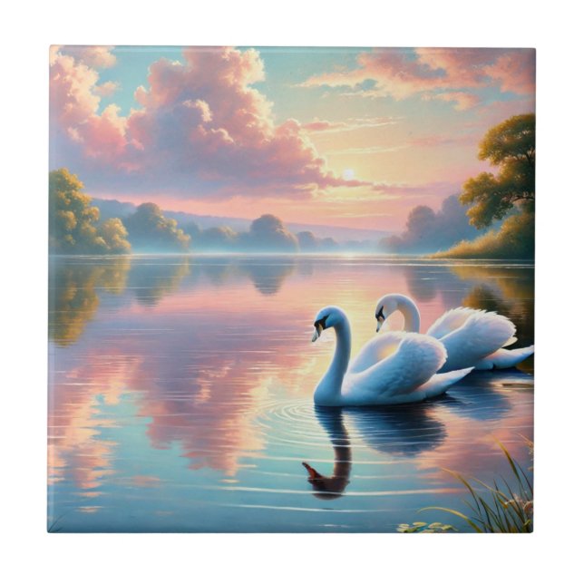 A pair of swans gliding on a serene lake tile (Front)