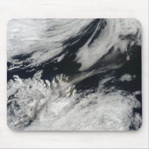 A pale grey ash plume blows from the summit mouse mat