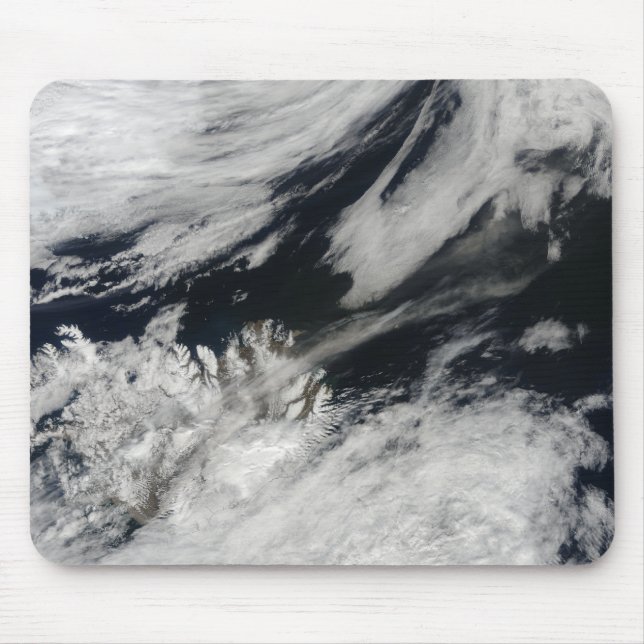 A pale grey ash plume blows from the summit mouse mat (Front)