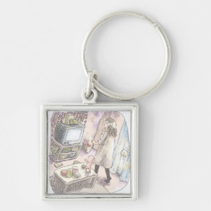 a pale illustration of a woman standing in front o key ring