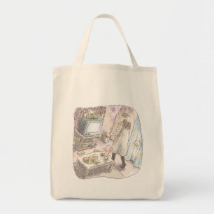 a pale illustration of a woman standing in front o tote bag