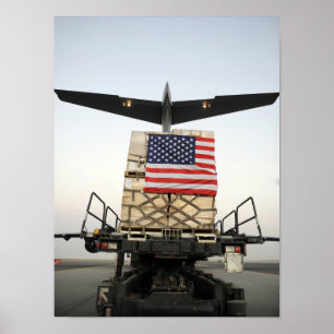 A pallet containing humanitarian relief supplie poster