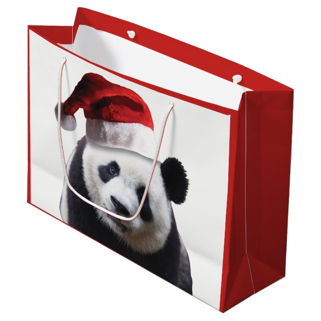 A Panda Bear in a Santa Claus Hat Large Gift Bag (Front Angled)