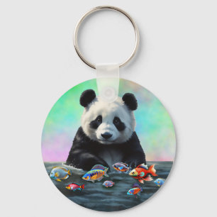A Panda Gazes Curiously at Swimming Colorful Fish Key Ring