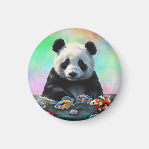 A Panda Gazes Curiously at Swimming Colorful Fish Magnet