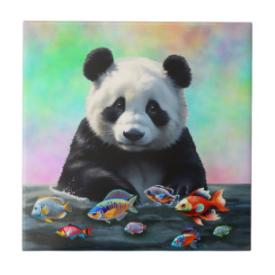 A Panda Gazes Curiously at Swimming Colorful Fish Tile