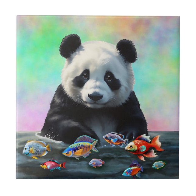 A Panda Gazes Curiously at Swimming Colorful Fish Tile (Front)