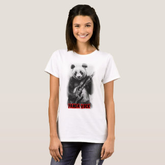A Panda plays Rock with Electric Guitar on Black T-Shirt