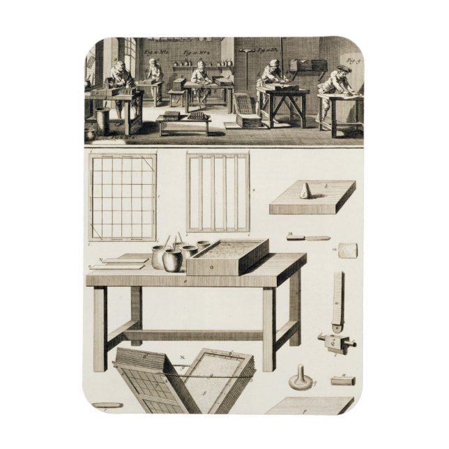 A paper marbler's workshop and tools, from the 'En Magnet (Vertical)