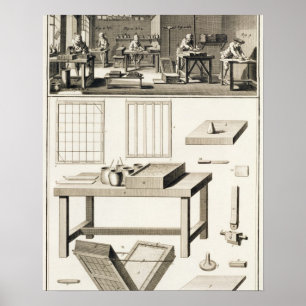 A paper marbler's workshop and tools, from the 'En Poster