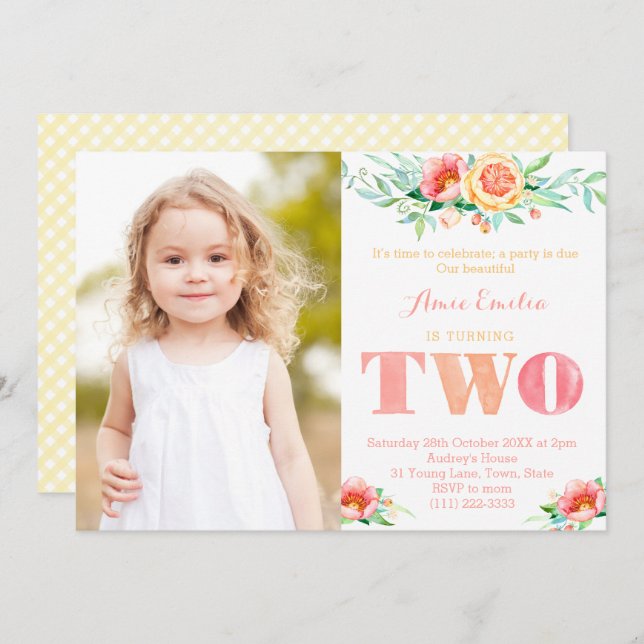 A party is due, turning two, 2nd birthday for Girl Invitation (Front/Back)