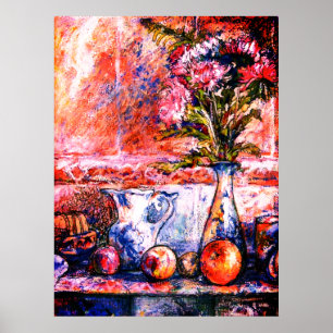 A pastel still life with fruits and aster flowers poster