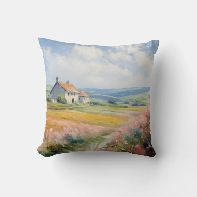 A Pastoral Masterpiece: Countryside Farmhouse View Cushion (Front)