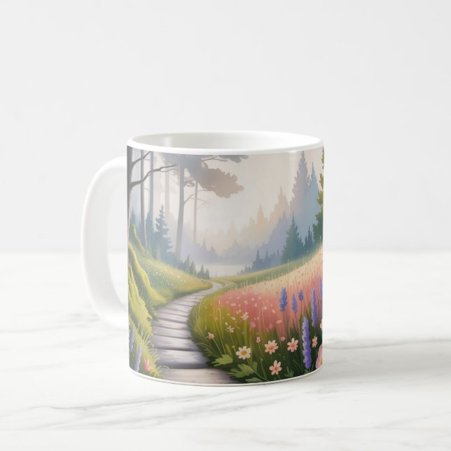 A path between forest trees and wildflowers coffee mug (Front Left)
