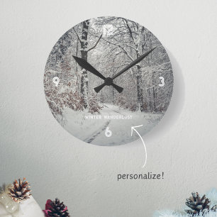 A path through the enchanted winter forest Round Clock