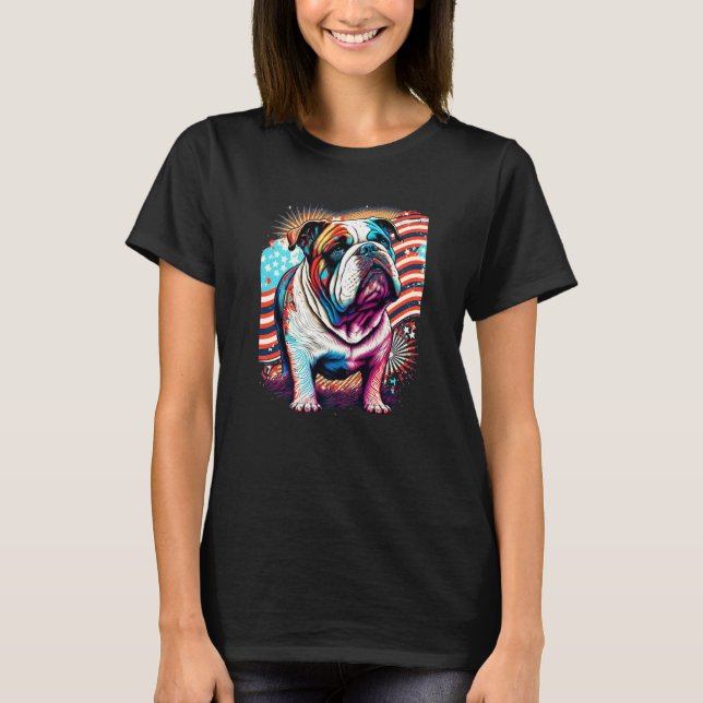 A Patriotic Bulldog and American Flag Premium T-Shirt (Front)