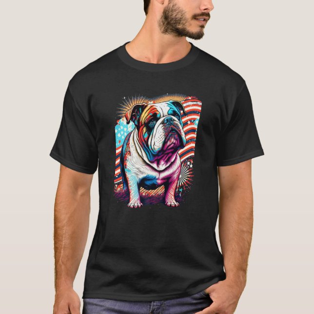 A Patriotic Bulldog and American Flag Premium T-Shirt (Front)