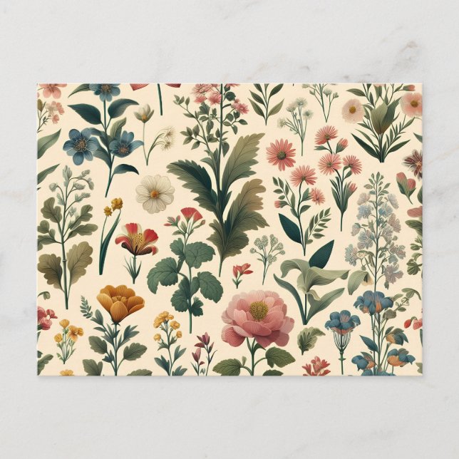 a pattern of flowers and leaves on a white backgro invitation postcard (Front)