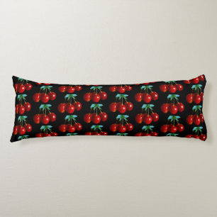 A Pattern Of Red Cherries on Stems Leaves on Black Body Cushion