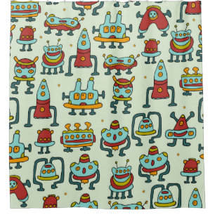 A pattern of robots - aliens. illustration.  shower curtain