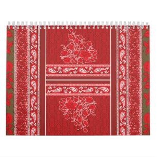 A patterned artwork displaying red and brown hues, calendar