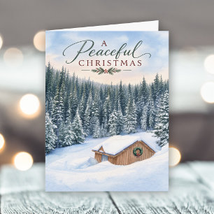 A Peaceful Christmas Snowy Woodland Mountain Cabin Holiday Card