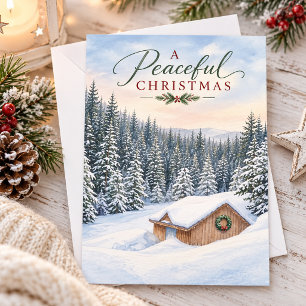A Peaceful Christmas Snowy Woodland Mountain Cabin Holiday Card