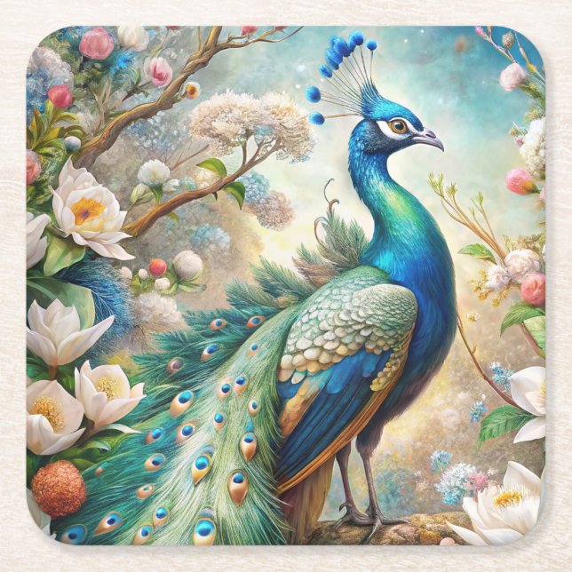 A Peacock Square Paper Coaster (Front)