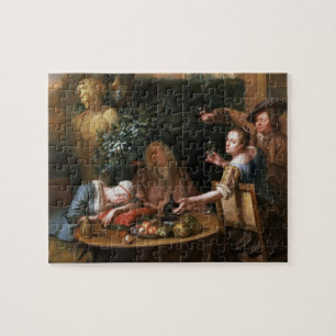 A peasant pours a drink for a woman while her husb jigsaw puzzle