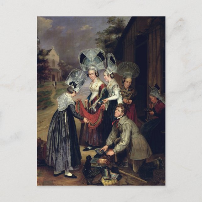 A Peddler Selling Scarves to Women from Troyes Postcard (Front)