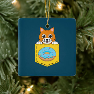 A Peeking Cat and a Blue Donut Ceramic Ornament
