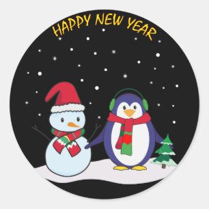 A penguin and a snowman, Happy New Year! Classic Round Sticker