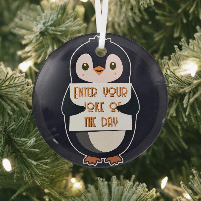 A penguin holding a sign with custom text glass tree decoration (Insitu)