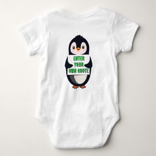 A penguin holding a sign with customizable text th baby bodysuit
