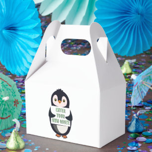 A penguin holding a sign with customizable text th favour box