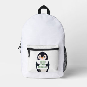 A penguin holding a sign with customizable text th printed backpack