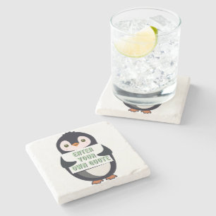 A penguin holding a sign with customizable text th stone coaster
