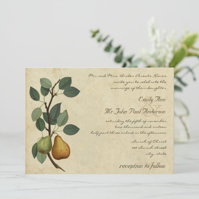 A Perfect Pear Pair Orchard, Barn, Farm Wedding Invitation (Standing Front)