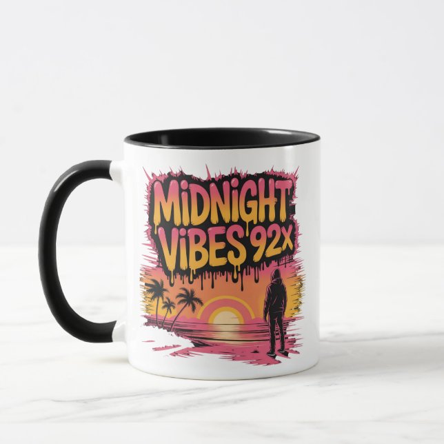 A person in a hoodie stands on a beach at sunset  mug (Left)