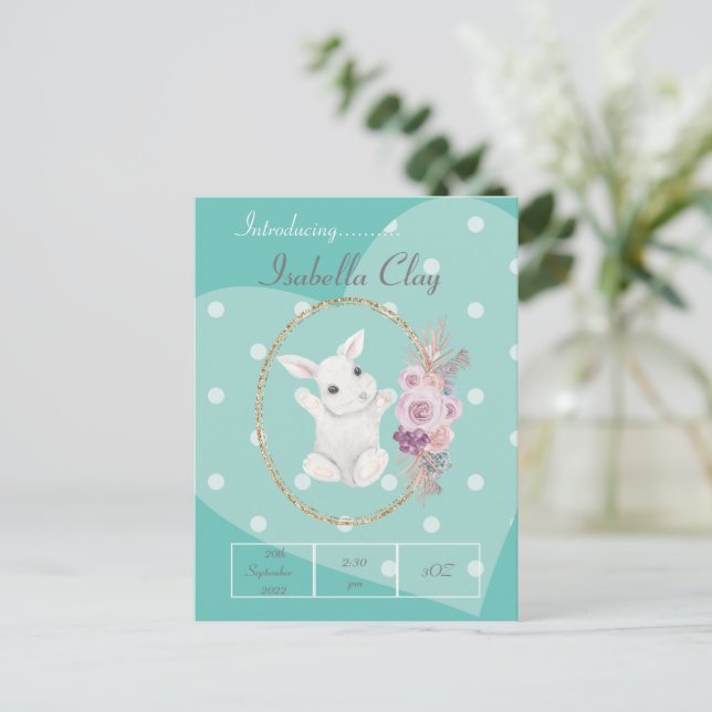 A PERSONALIZED BIRTH ANNOUNCEMENT POSTCARD (Standing Front)