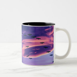 A photo composite of Sandhill cranes in flight Two-Tone Coffee Mug