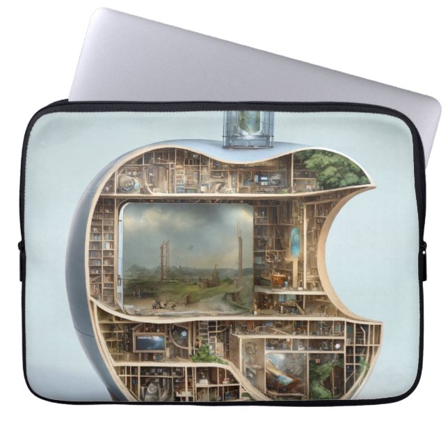 A photorealistic close-up view from inside a giant laptop sleeve (Front)