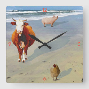 A Pig, A Cow & a Chicken, At the Beach Square Wall Clock