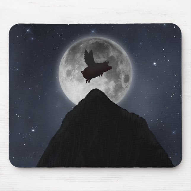 A pig flies across full moon over mountain peak mouse mat (Front)